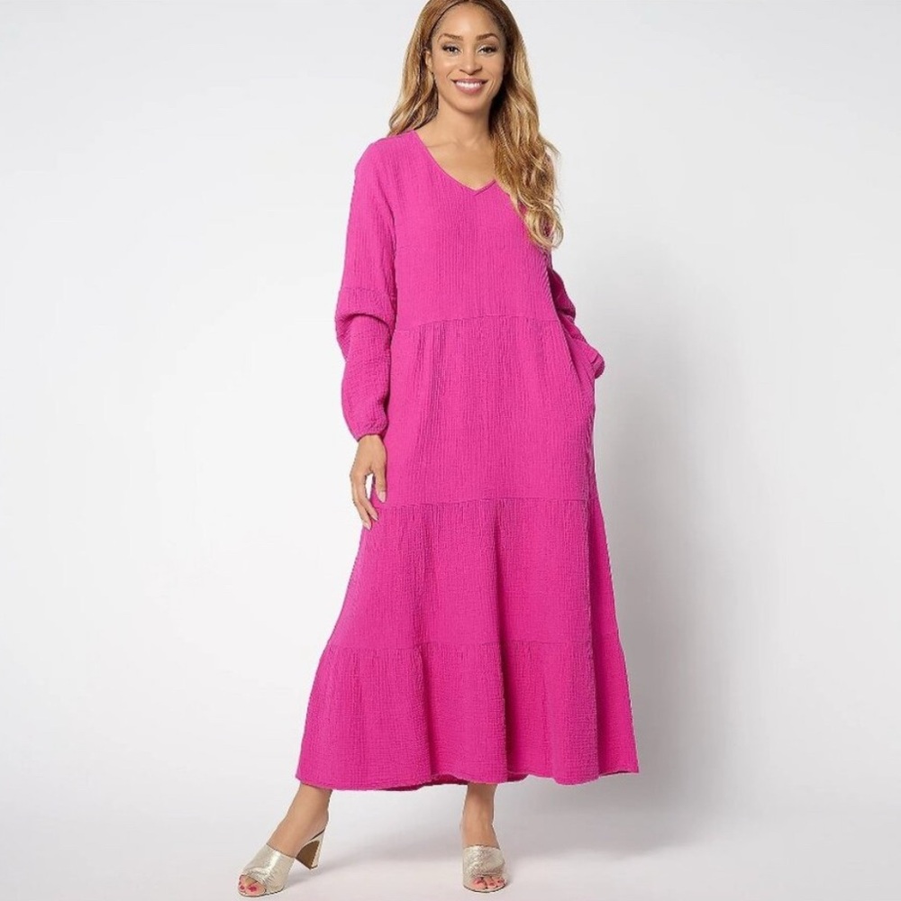 Belle By Kim Gravel Regular Cotton Gauze Maxi Tiered Dress Sz Small Sangria NEW